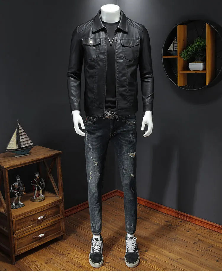Men’s PU Leather Motorcycle Jacket – Oversized Winter Waterproof Riding Coat