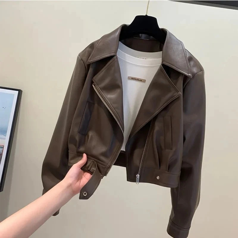 Women’s PU Leather Jacket 2025 | European Short Slim Fit Lapel Coat