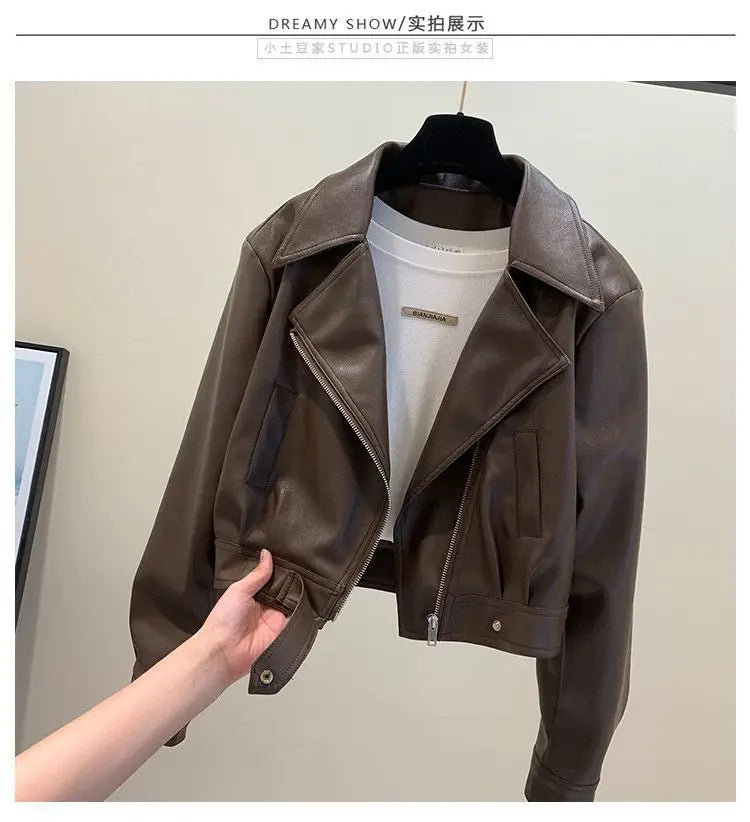 Women’s PU Leather Jacket 2025 | European Short Slim Fit Lapel Coat