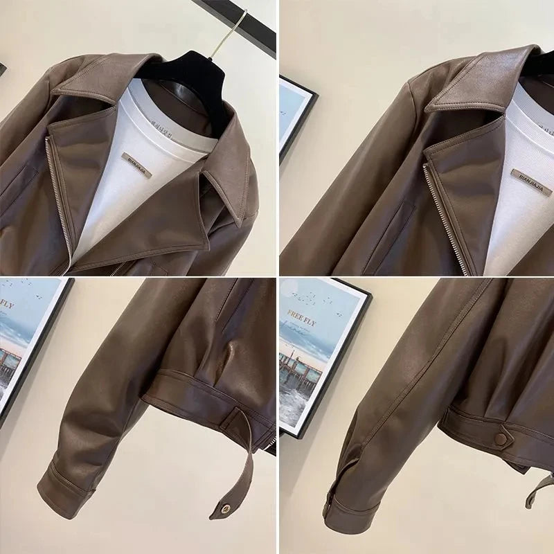 Women’s PU Leather Jacket 2025 | European Short Slim Fit Lapel Coat