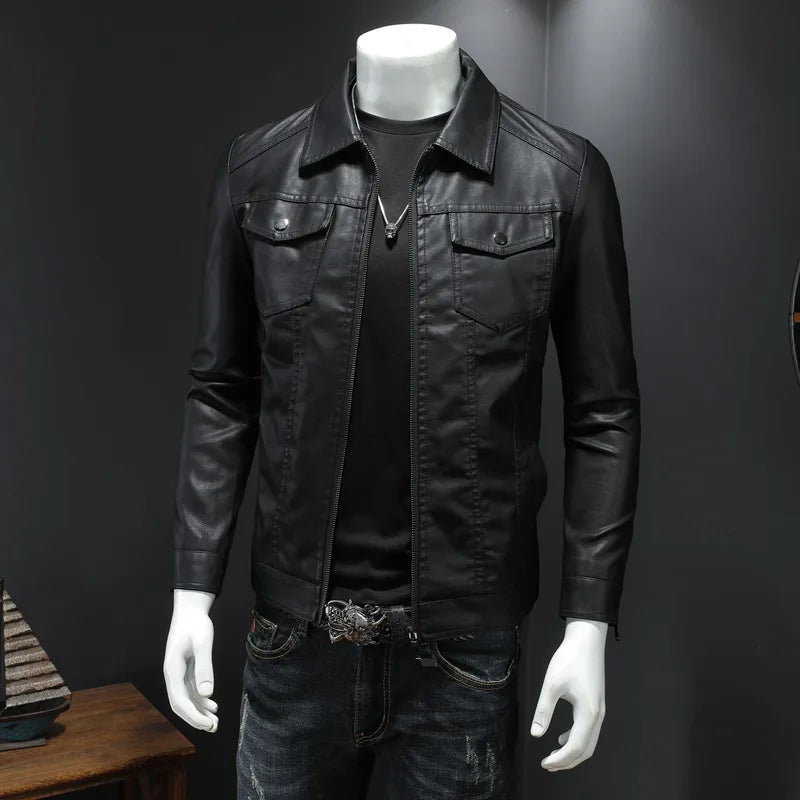 Men’s PU Leather Motorcycle Jacket – Oversized Winter Waterproof Riding Coat