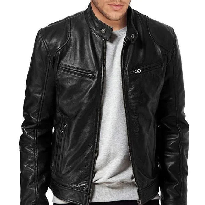 Men’s Faux Leather Cafe Racer Jacket – Slim Fit Retro Motorcycle Coat