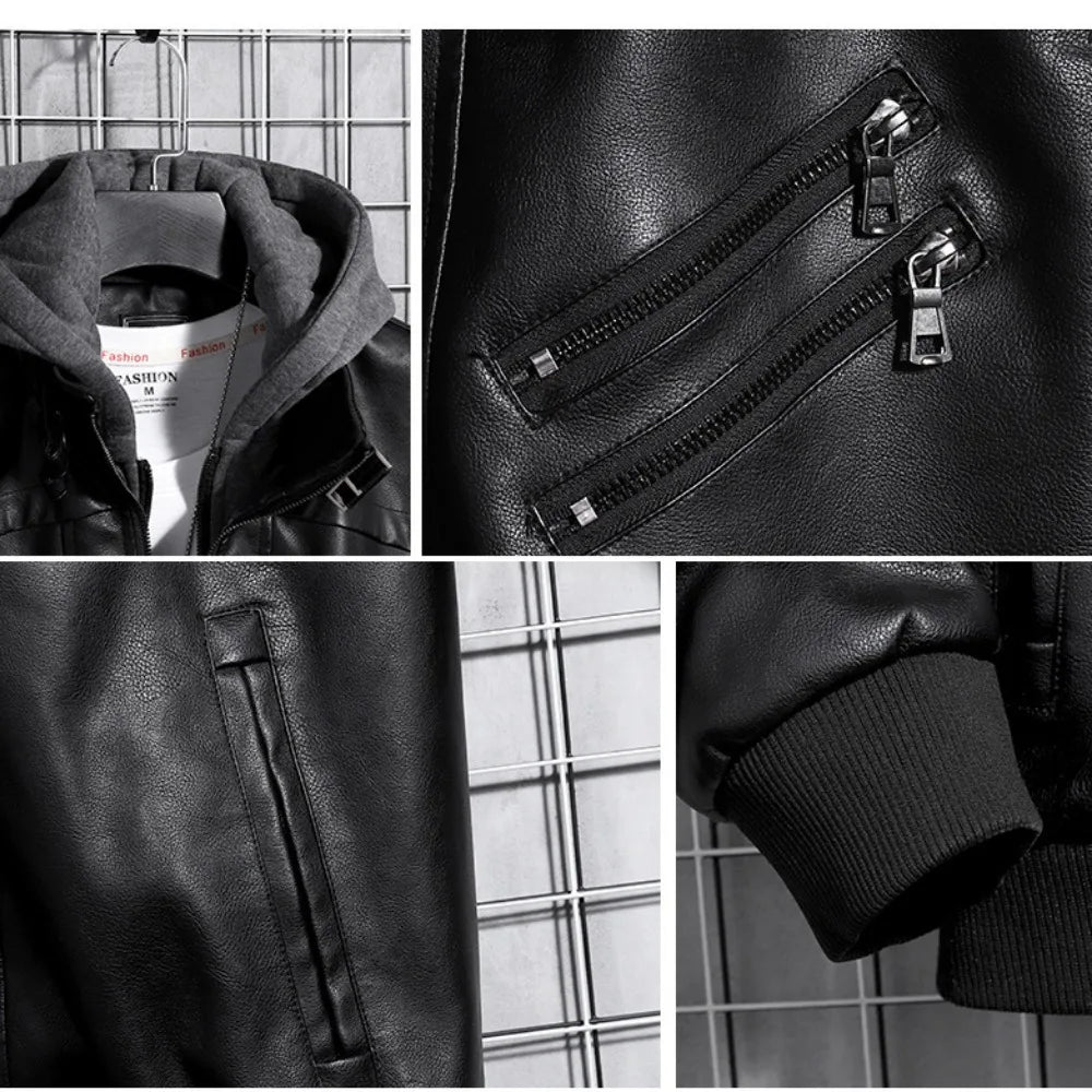 Men’s Hooded PU Leather Jacket – Winter Warm Motorcycle Coat, Harajuku Streetwear, Teen Fashion