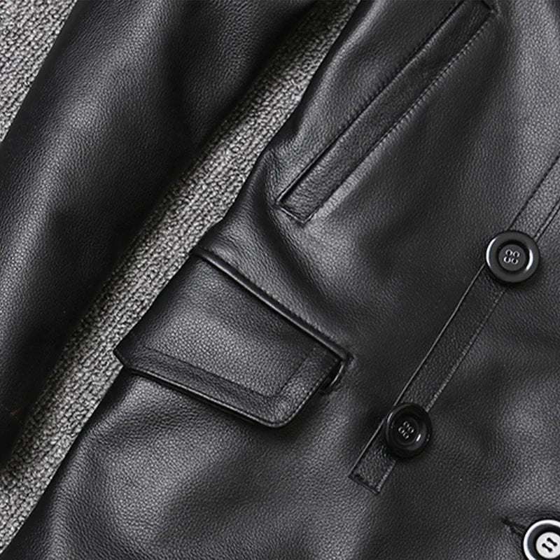 Men’s Genuine Leather Cowhide Jacket | Mid-Length Slim Fit Double-Breasted Windbreaker