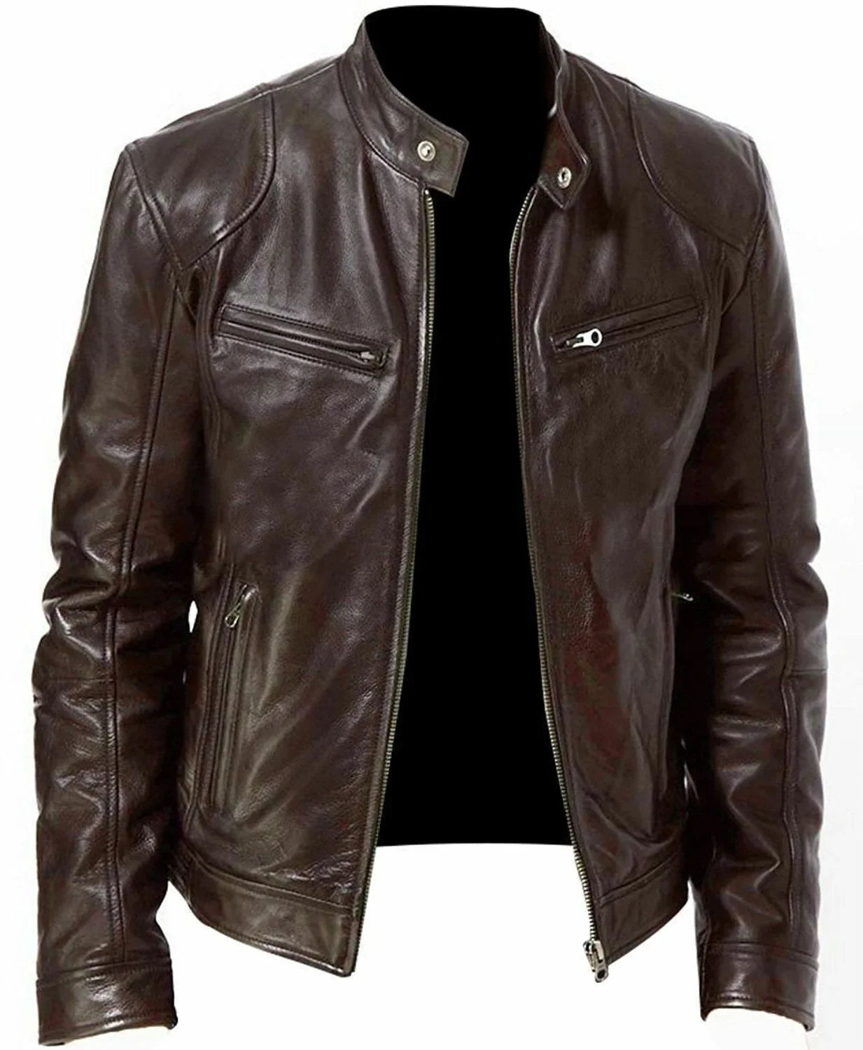 Men’s Faux Leather Cafe Racer Jacket – Slim Fit Retro Motorcycle Coat
