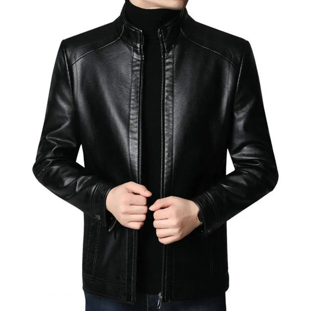 Men’s Faux Leather Motorcycle Jacket – Stand Collar, Warm Lining, Windproof Autumn Coat