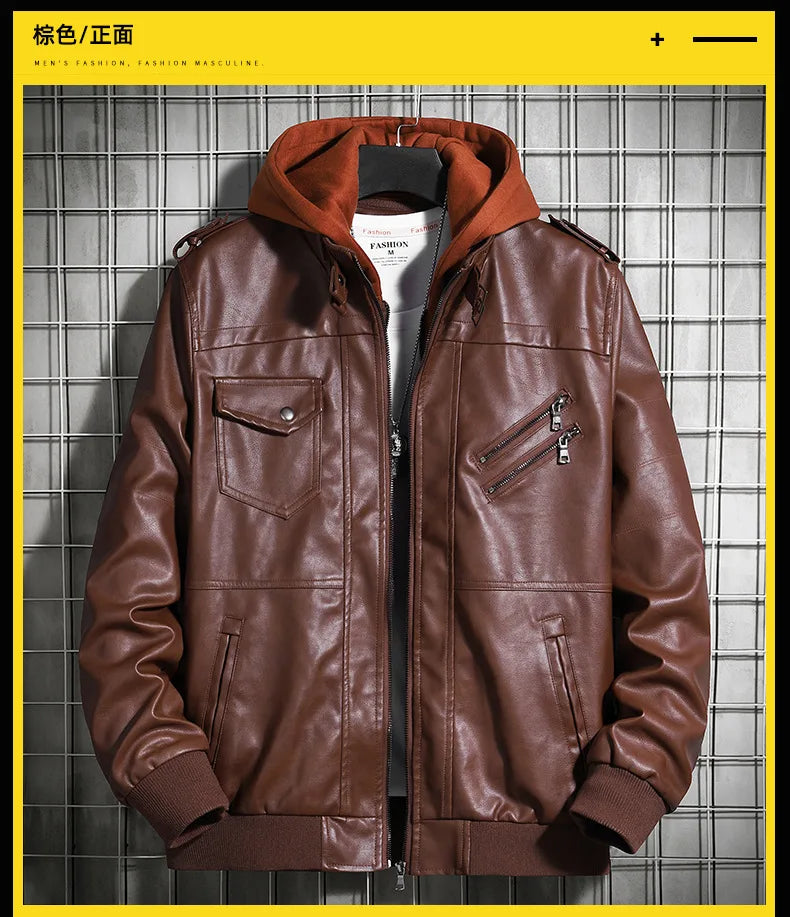 Men’s Hooded PU Leather Jacket – Winter Warm Motorcycle Coat, Harajuku Streetwear, Teen Fashion