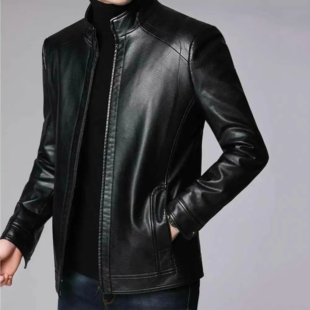 Men’s Faux Leather Motorcycle Jacket – Stand Collar, Warm Lining, Windproof Autumn Coat