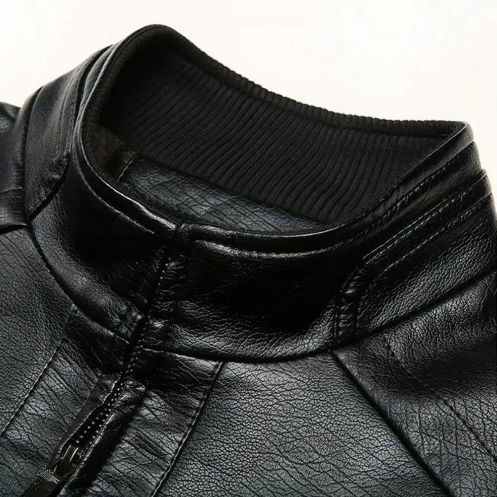 Men’s Faux Leather Motorcycle Jacket – Stand Collar, Warm Lining, Windproof Autumn Coat