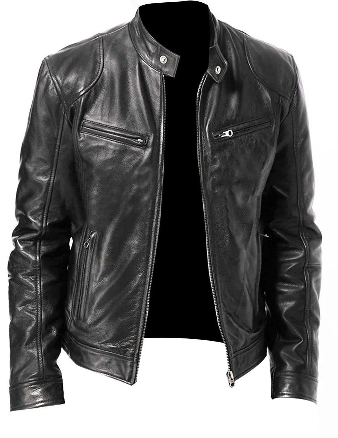 Men’s Faux Leather Cafe Racer Jacket – Slim Fit Retro Motorcycle Coat