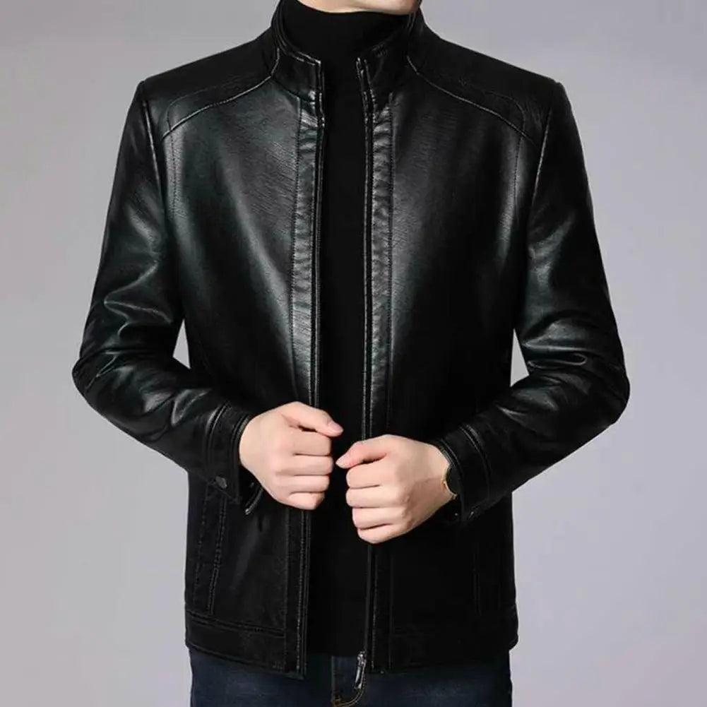 Men’s Faux Leather Motorcycle Jacket – Stand Collar, Warm Lining, Windproof Autumn Coat