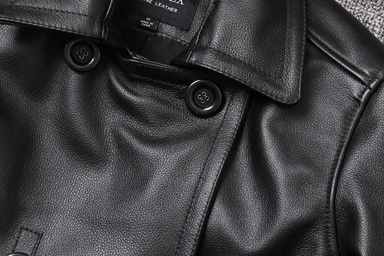 Men’s Genuine Leather Cowhide Jacket | Mid-Length Slim Fit Double-Breasted Windbreaker
