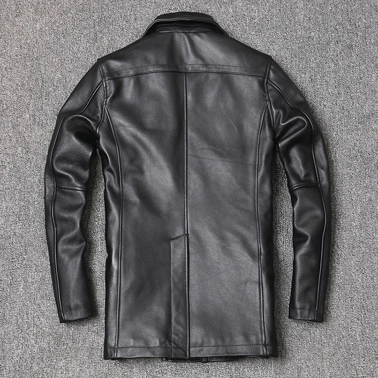 Men’s Genuine Leather Cowhide Jacket | Mid-Length Slim Fit Double-Breasted Windbreaker