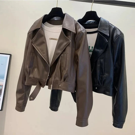 Women’s PU Leather Jacket 2025 | European Short Slim Fit Lapel Coat