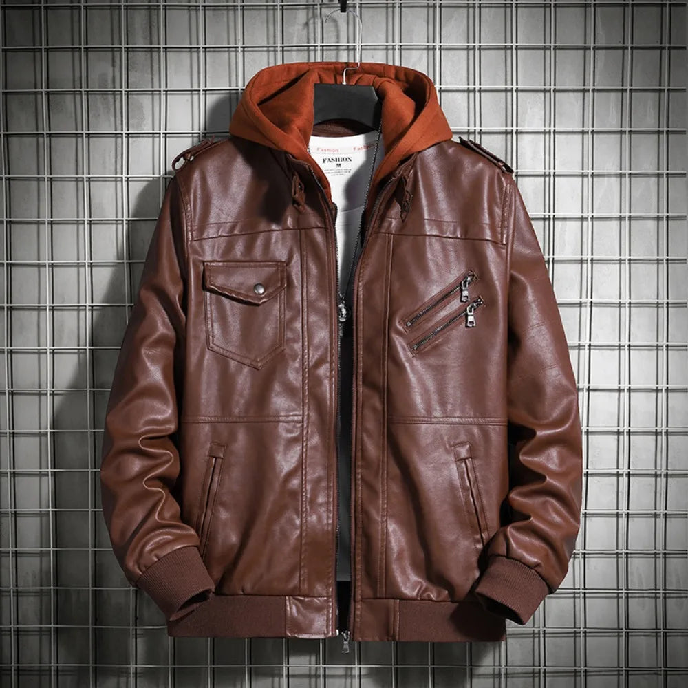 Men’s Hooded PU Leather Jacket – Winter Warm Motorcycle Coat, Harajuku Streetwear, Teen Fashion