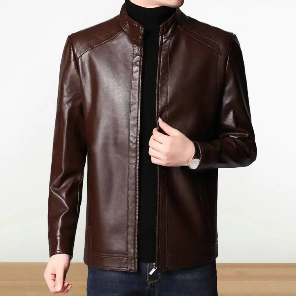 Men’s Faux Leather Motorcycle Jacket – Stand Collar, Warm Lining, Windproof Autumn Coat
