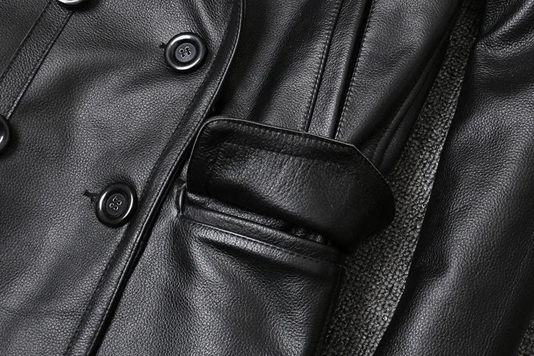Men’s Genuine Leather Cowhide Jacket | Mid-Length Slim Fit Double-Breasted Windbreaker