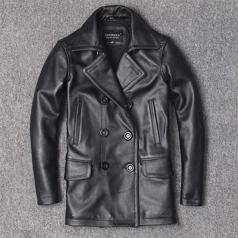 Men’s Genuine Leather Cowhide Jacket | Mid-Length Slim Fit Double-Breasted Windbreaker