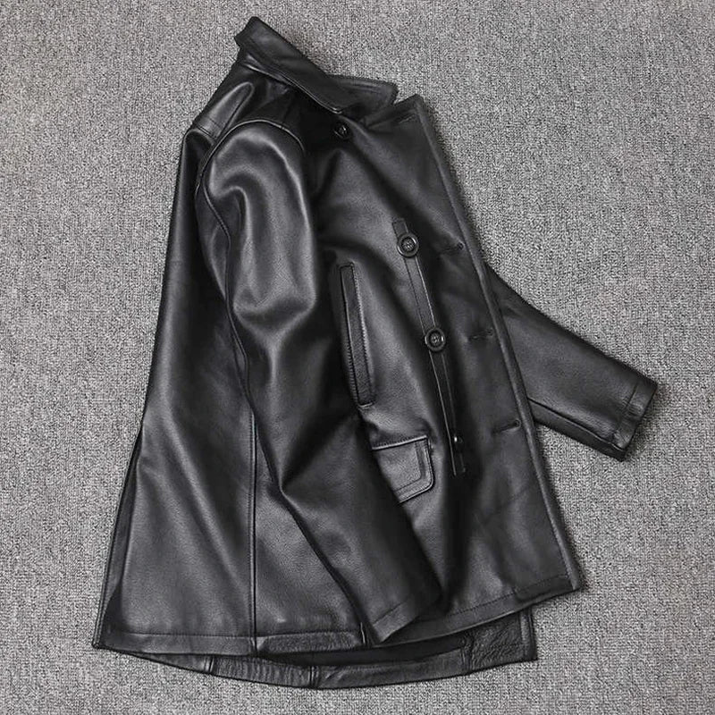 Men’s Genuine Leather Cowhide Jacket | Mid-Length Slim Fit Double-Breasted Windbreaker