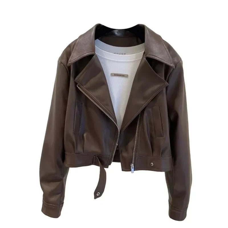 Women’s PU Leather Jacket 2025 | European Short Slim Fit Lapel Coat
