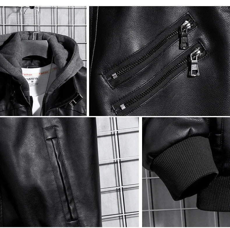 Men’s Hooded PU Leather Jacket – Winter Warm Motorcycle Coat, Harajuku Streetwear, Teen Fashion
