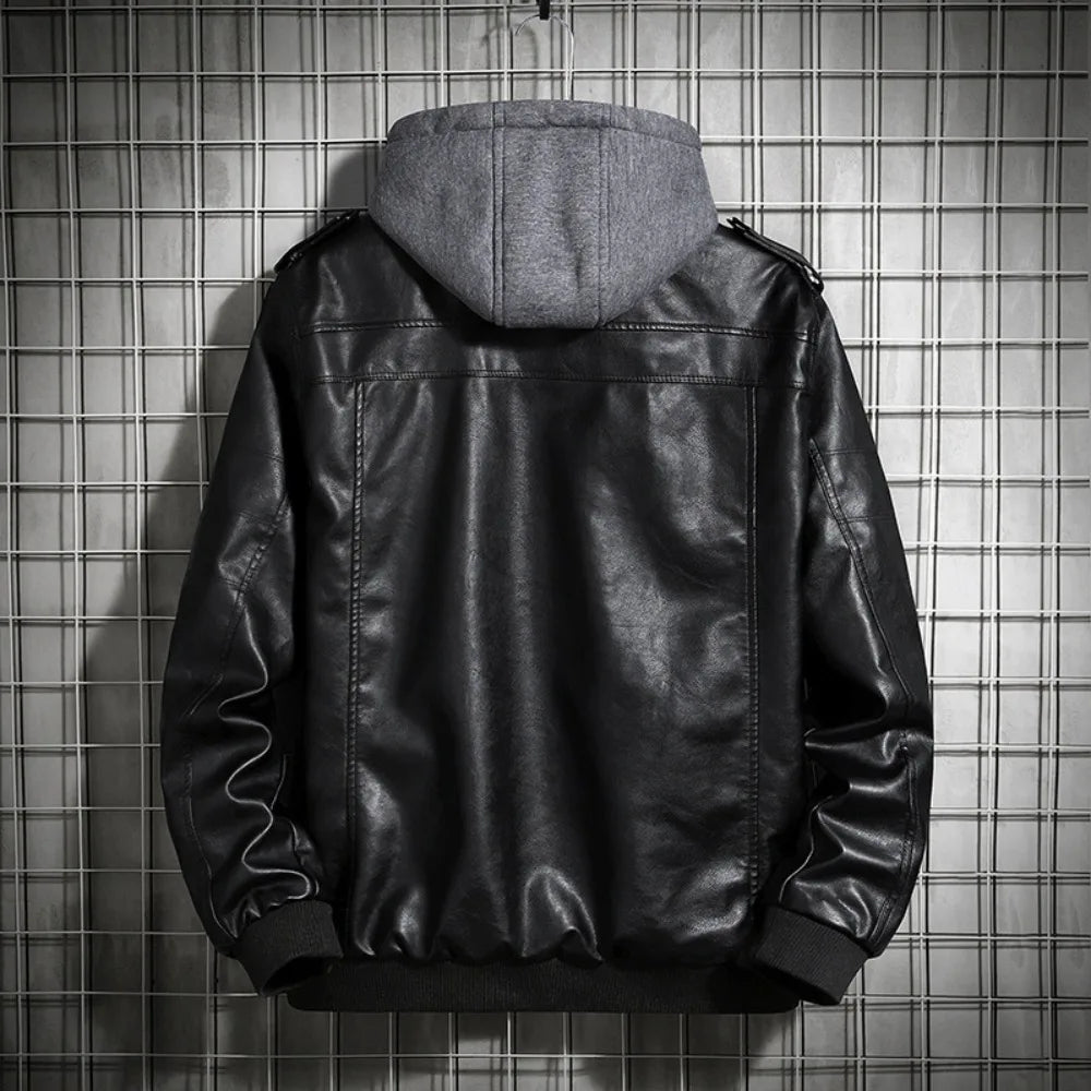 Men’s Hooded PU Leather Jacket – Winter Warm Motorcycle Coat, Harajuku Streetwear, Teen Fashion