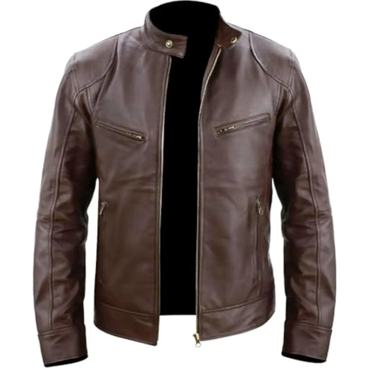 Men’s Faux Leather Cafe Racer Jacket – Slim Fit Retro Motorcycle Coat