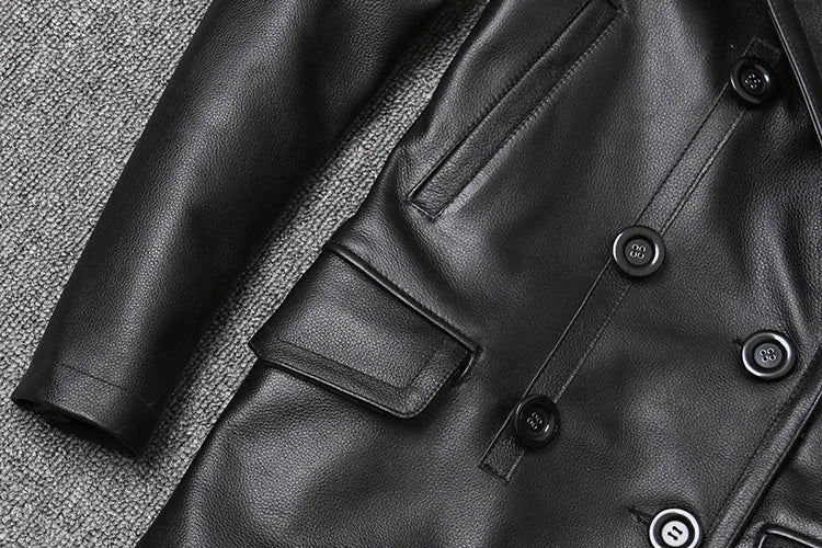 Men’s Genuine Leather Cowhide Jacket | Mid-Length Slim Fit Double-Breasted Windbreaker