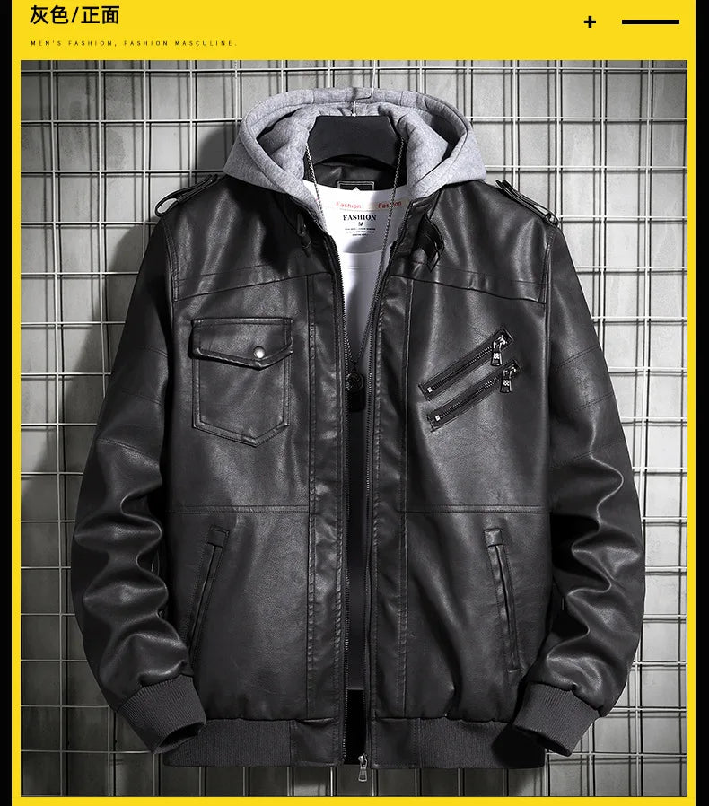 Men’s Hooded PU Leather Jacket – Winter Warm Motorcycle Coat, Harajuku Streetwear, Teen Fashion