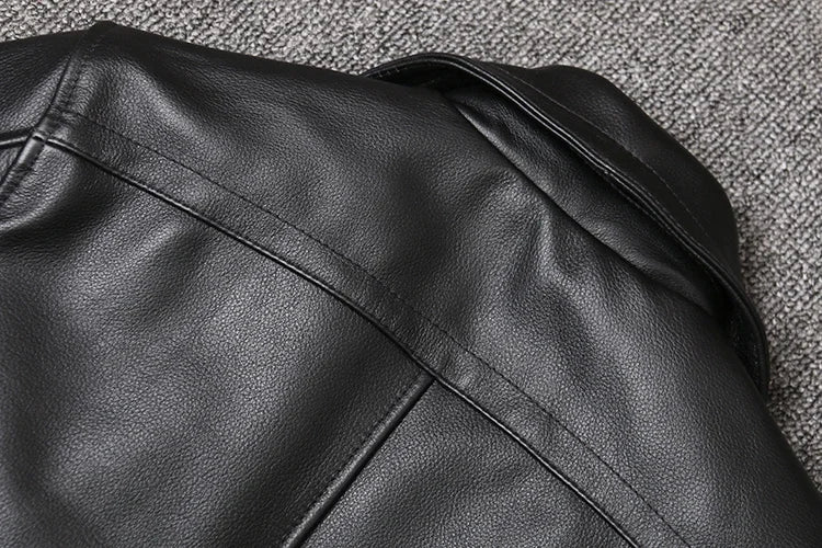 Men’s Genuine Leather Cowhide Jacket | Mid-Length Slim Fit Double-Breasted Windbreaker
