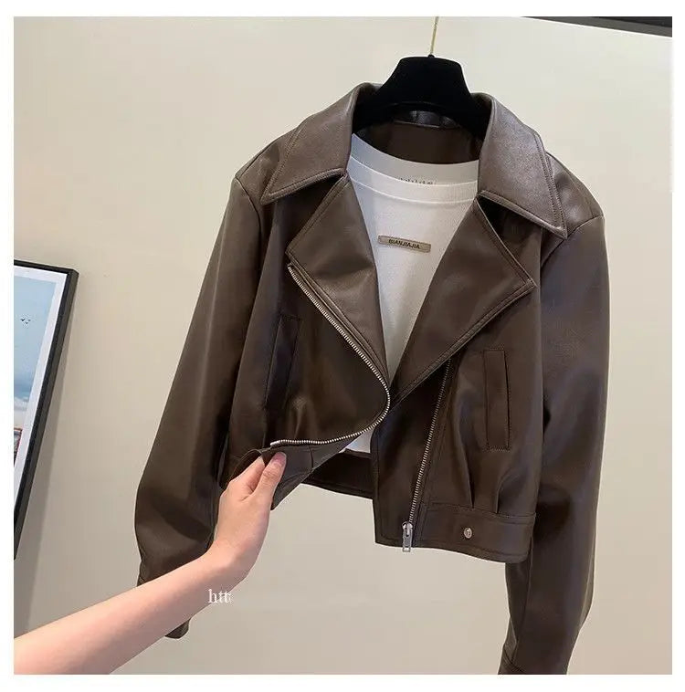 Women’s PU Leather Jacket 2025 | European Short Slim Fit Lapel Coat