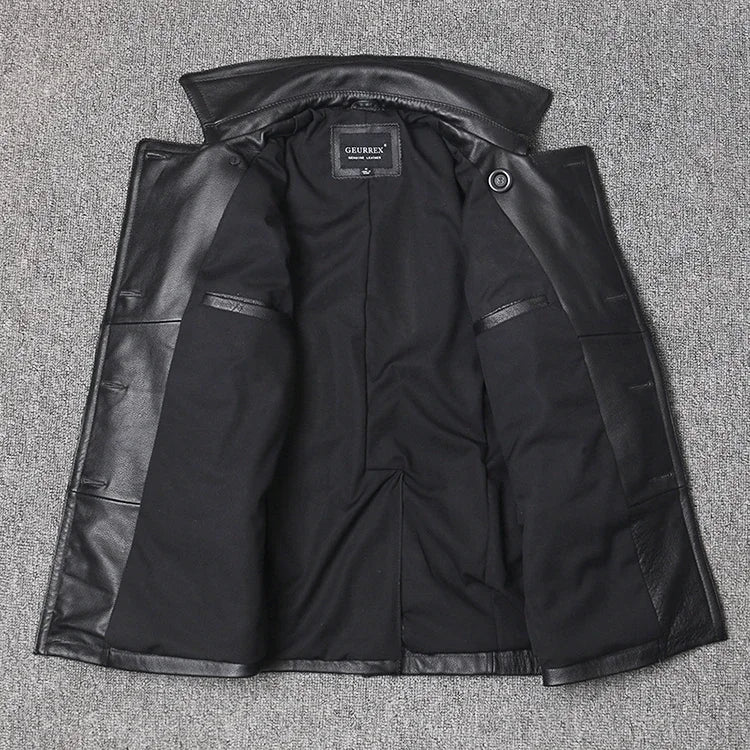 Men’s Genuine Leather Cowhide Jacket | Mid-Length Slim Fit Double-Breasted Windbreaker