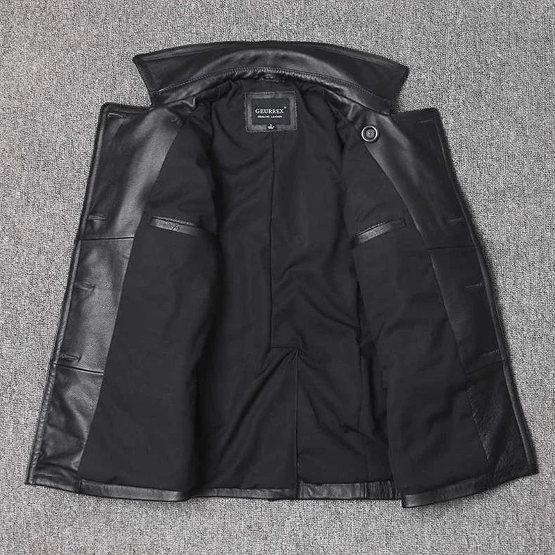 Men’s Genuine Leather Cowhide Jacket | Mid-Length Slim Fit Double-Breasted Windbreaker