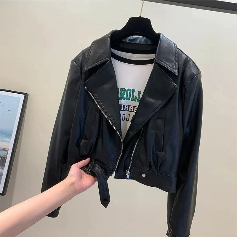 Women’s PU Leather Jacket 2025 | European Short Slim Fit Lapel Coat