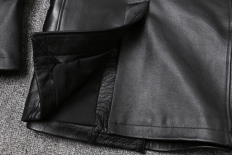 Men’s Genuine Leather Cowhide Jacket | Mid-Length Slim Fit Double-Breasted Windbreaker