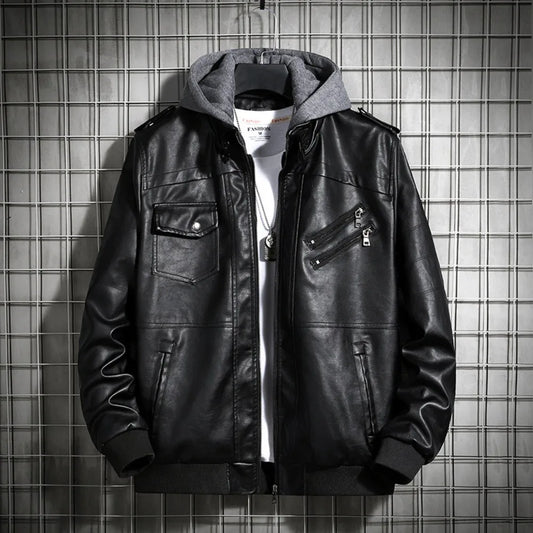 Men’s Hooded PU Leather Jacket – Winter Warm Motorcycle Coat, Harajuku Streetwear, Teen Fashion