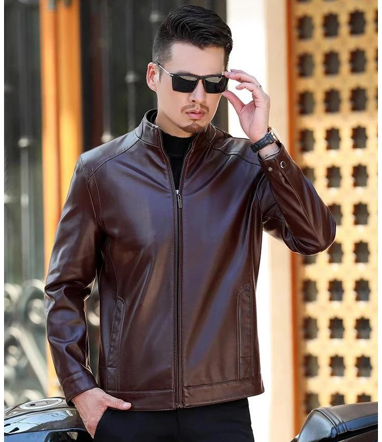 Men’s PU Leather Jacket | Slim Fit Motorcycle & Casual Standing Collar Coat – Spring & Autumn Fashion