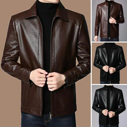 Men’s Faux Leather Motorcycle Jacket – Stand Collar, Warm Lining, Windproof Autumn Coat