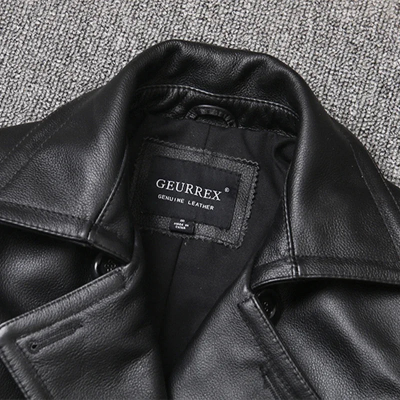 Men’s Genuine Leather Cowhide Jacket | Mid-Length Slim Fit Double-Breasted Windbreaker