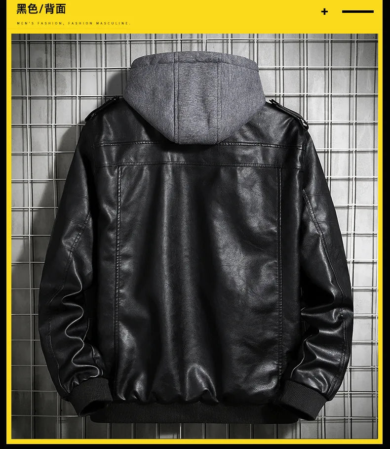 Men’s Hooded PU Leather Jacket – Winter Warm Motorcycle Coat, Harajuku Streetwear, Teen Fashion
