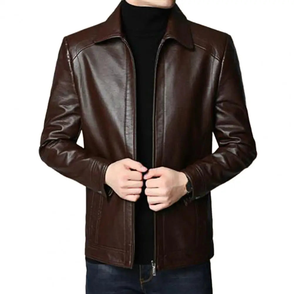 Men’s Faux Leather Motorcycle Jacket – Stand Collar, Warm Lining, Windproof Autumn Coat