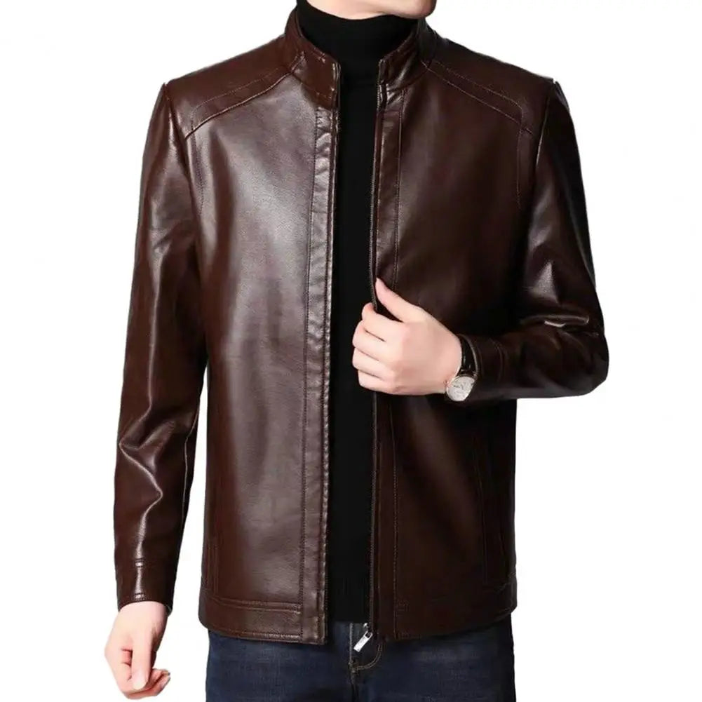 Men’s Faux Leather Motorcycle Jacket – Stand Collar, Warm Lining, Windproof Autumn Coat