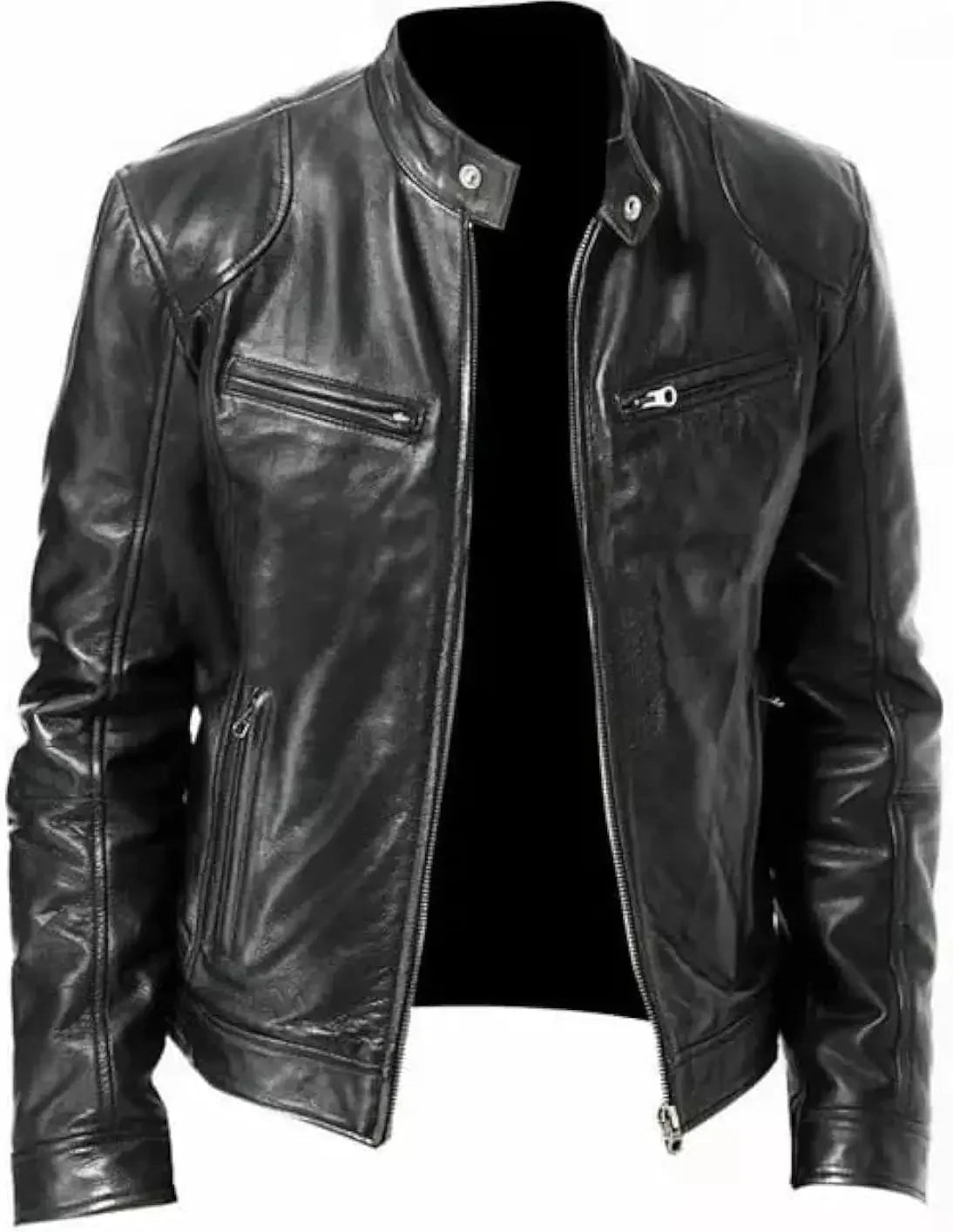 Men’s Faux Leather Cafe Racer Jacket – Slim Fit Retro Motorcycle Coat