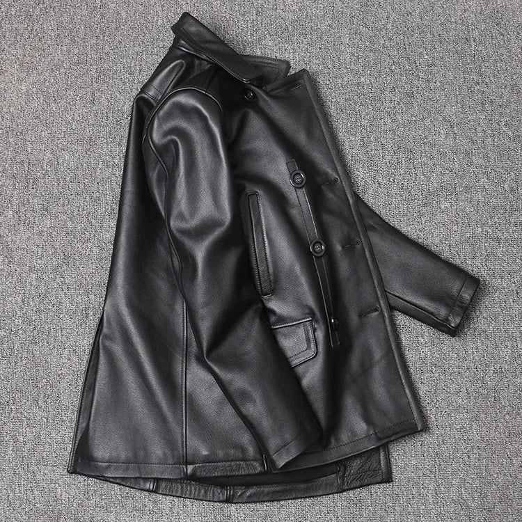 Men’s Genuine Leather Cowhide Jacket | Mid-Length Slim Fit Double-Breasted Windbreaker