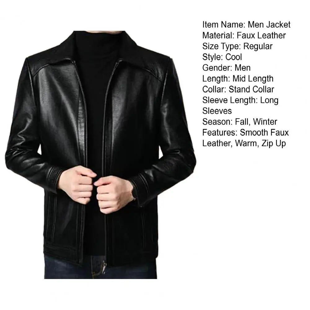 Men’s Faux Leather Motorcycle Jacket – Stand Collar, Warm Lining, Windproof Autumn Coat