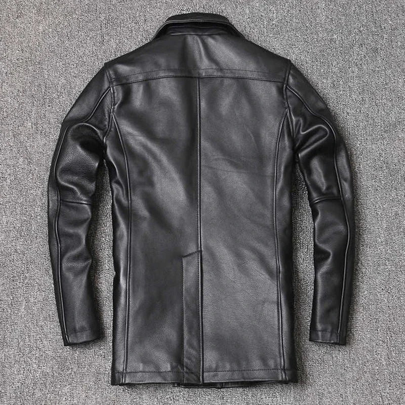 Men’s Genuine Leather Cowhide Jacket | Mid-Length Slim Fit Double-Breasted Windbreaker