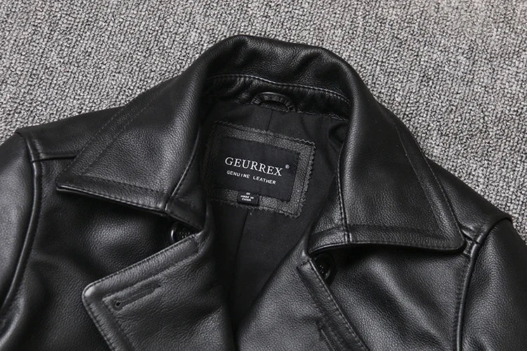 Men’s Genuine Leather Cowhide Jacket | Mid-Length Slim Fit Double-Breasted Windbreaker