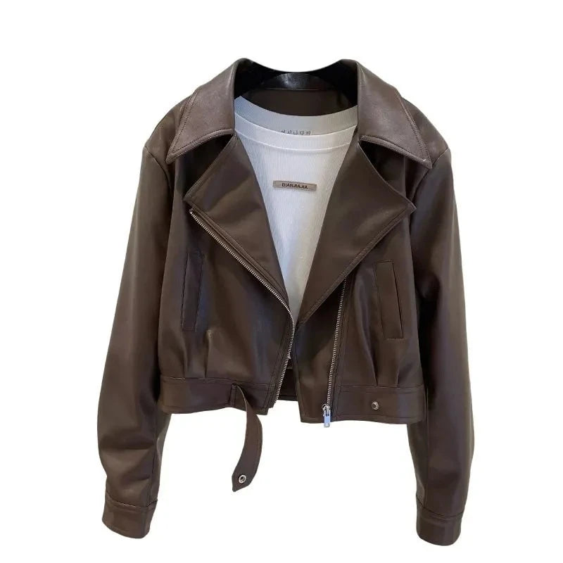 Women’s PU Leather Jacket 2025 | European Short Slim Fit Lapel Coat