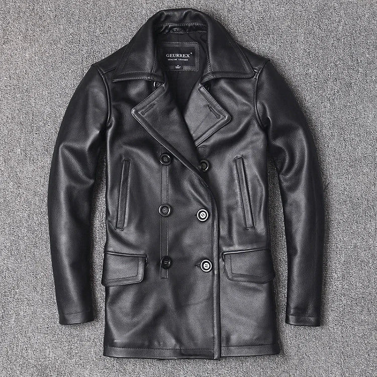 Men’s Genuine Leather Cowhide Jacket | Mid-Length Slim Fit Double-Breasted Windbreaker