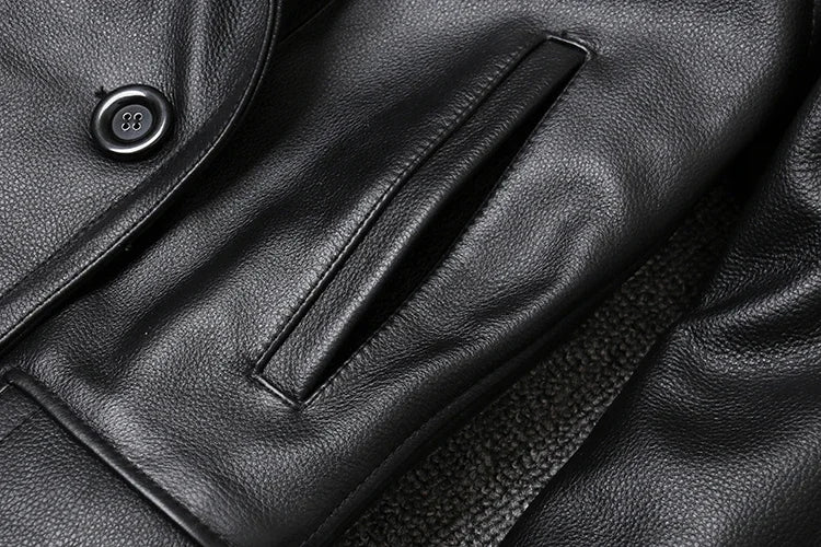 Men’s Genuine Leather Cowhide Jacket | Mid-Length Slim Fit Double-Breasted Windbreaker